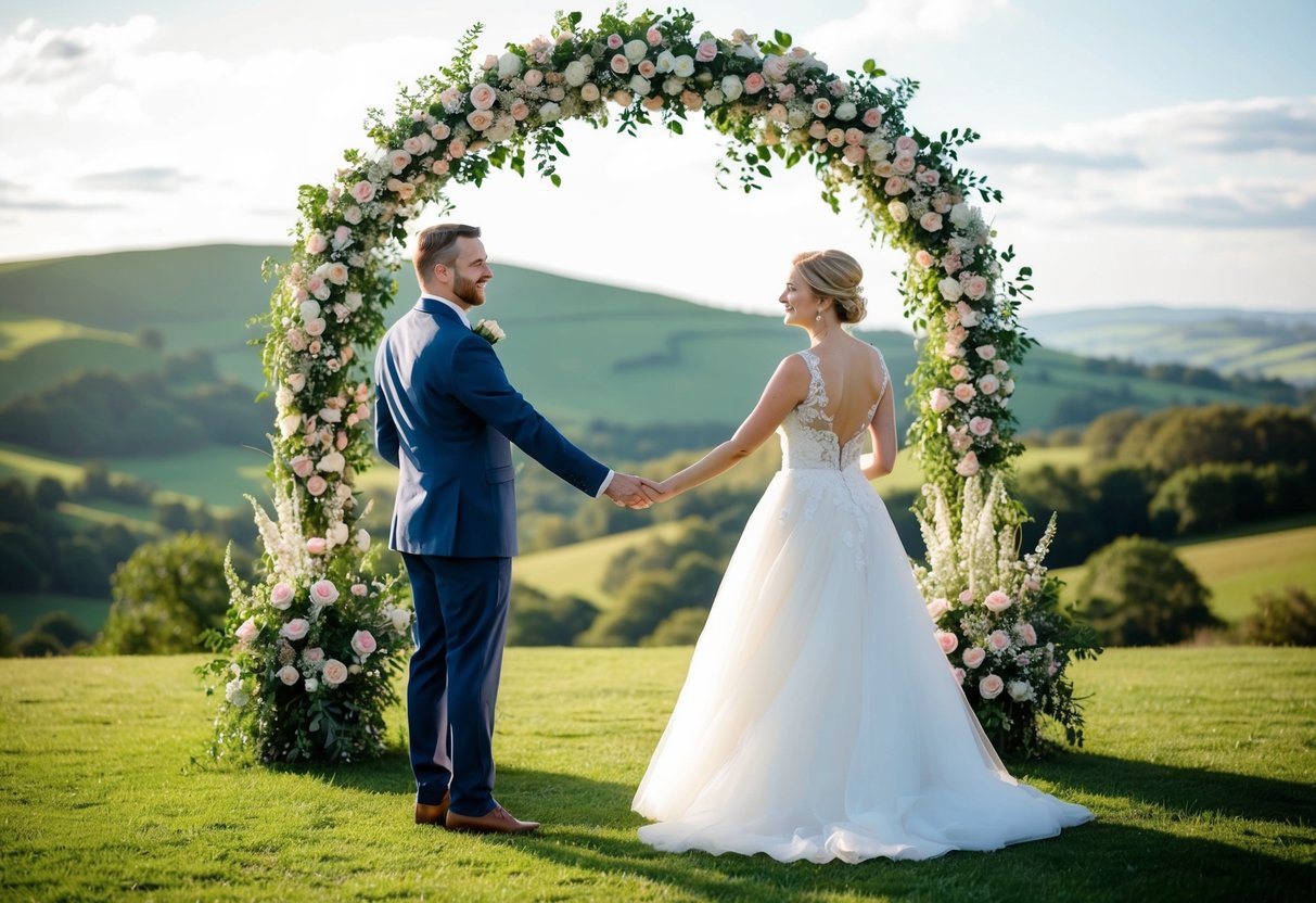 A bride and groom standing under a floral archway with a picturesque view of rolling hills in the background