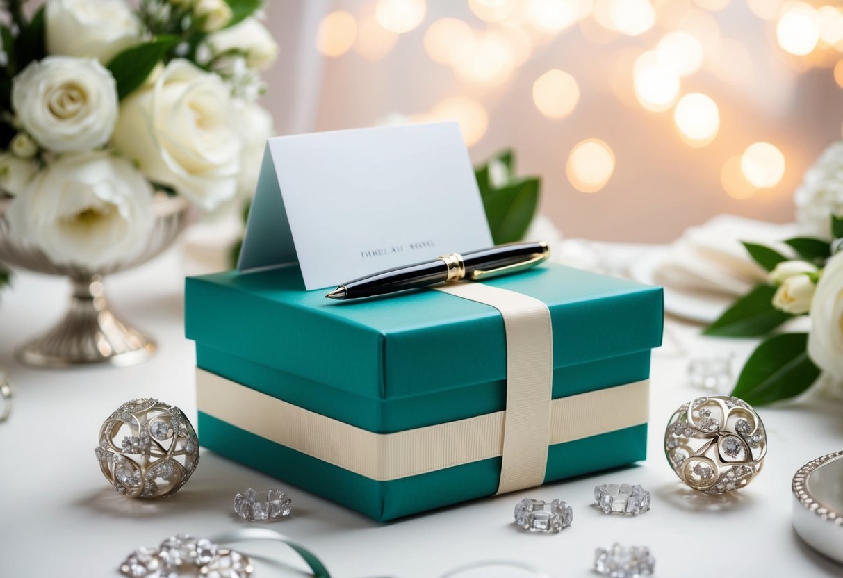 A beautifully wrapped gift box surrounded by elegant wedding decor and a card with a pen resting on top
