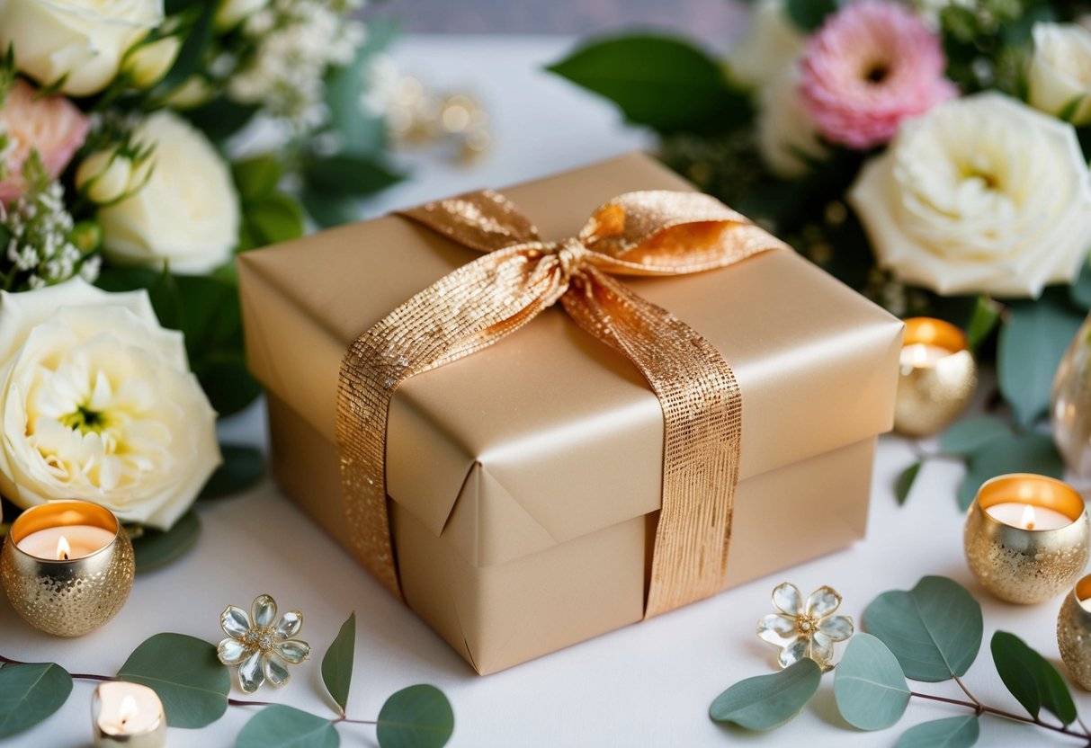 A beautifully wrapped gift box surrounded by elegant wedding decor and flowers