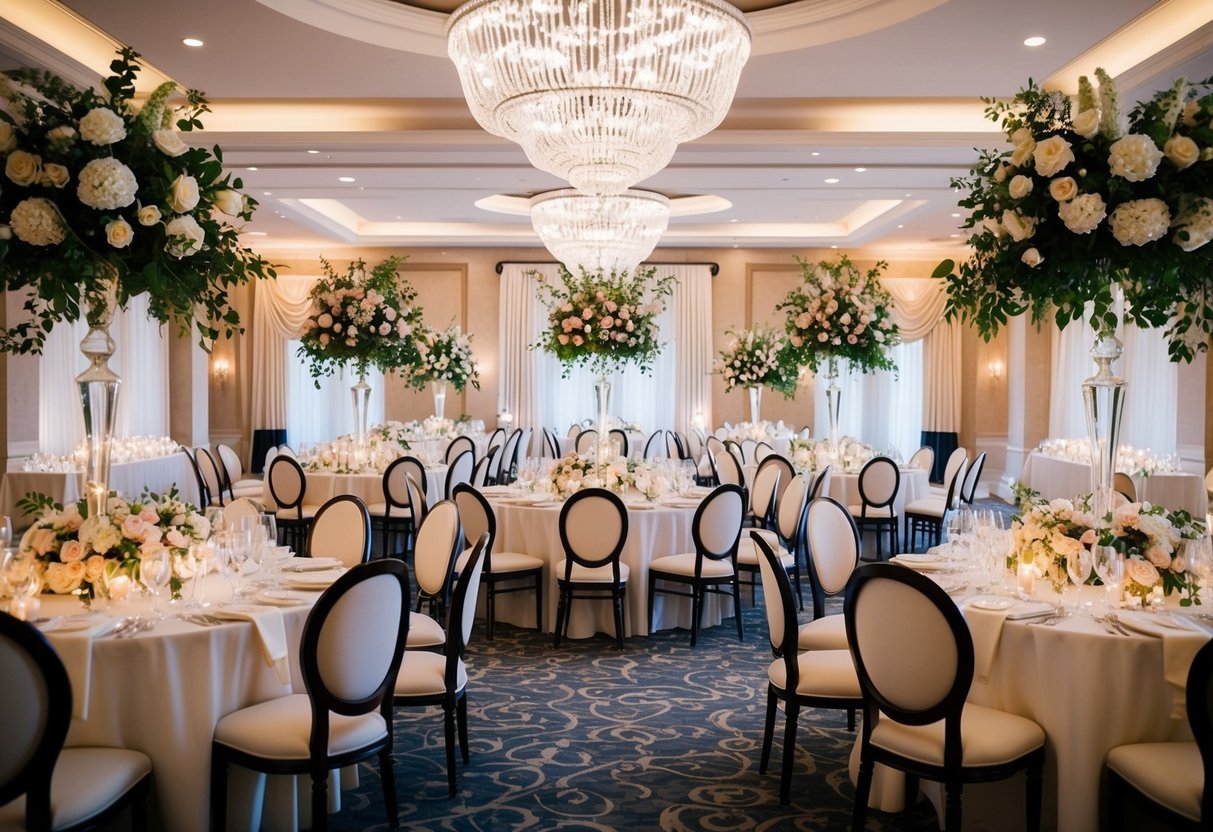 An elegant wedding venue with lavish floral arrangements, ornate centerpieces, and sparkling chandeliers