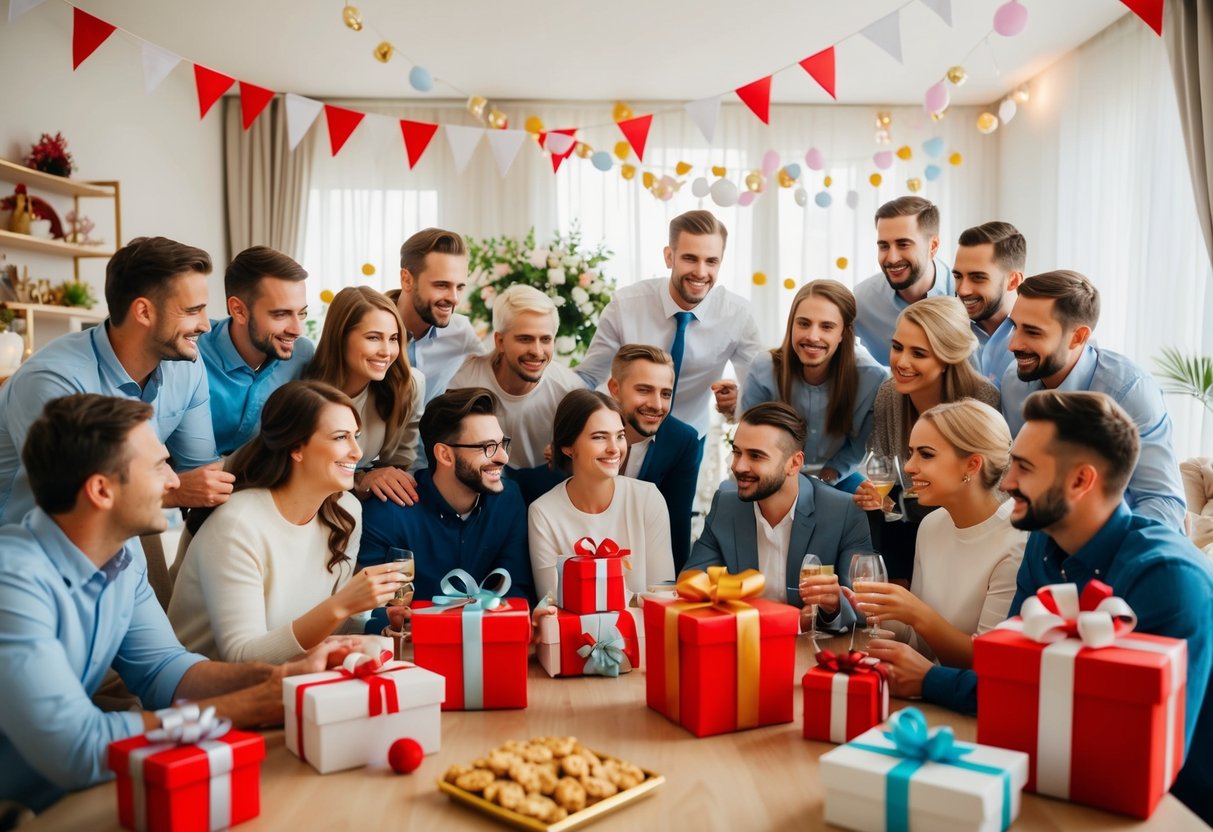 A group of friends and family gathering virtually to celebrate a wedding, with gifts, decorations, and a festive atmosphere