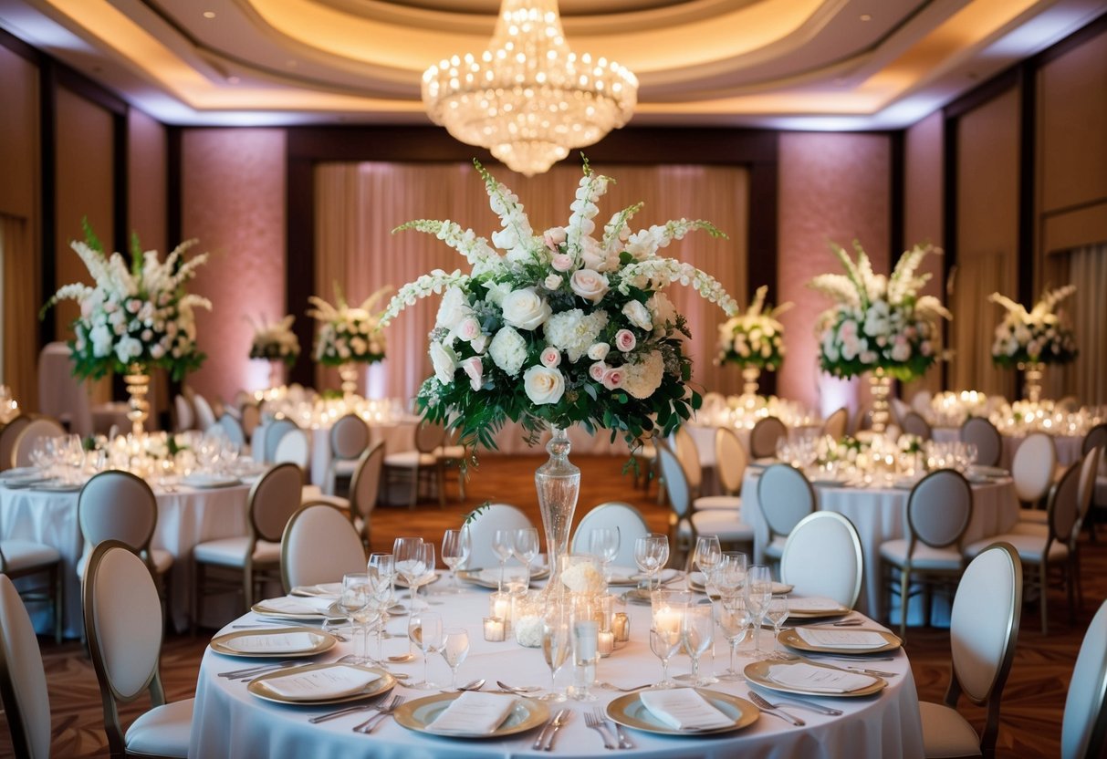 A lavish wedding banquet with elegant decor and extravagant floral arrangements