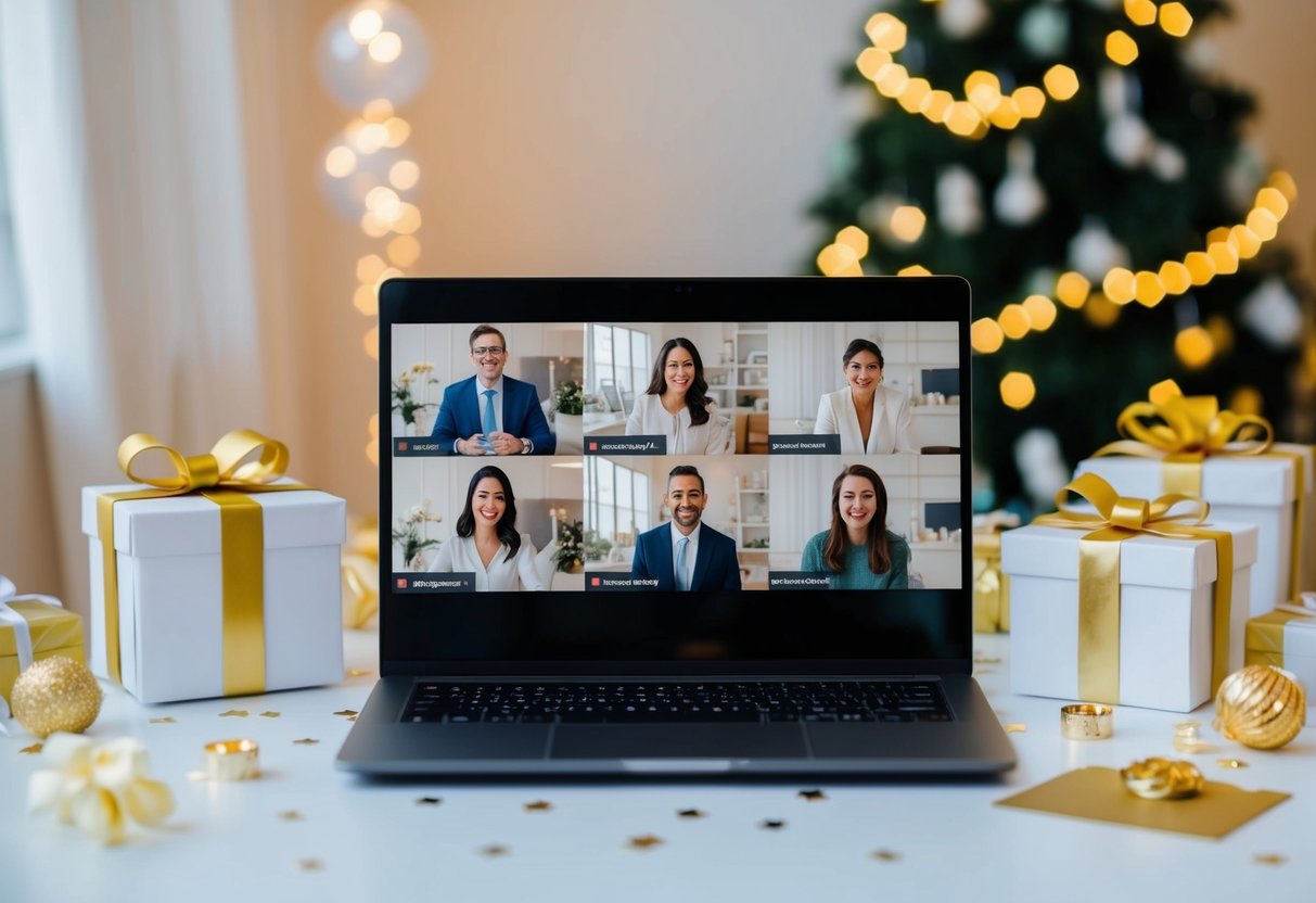 A laptop displaying a virtual wedding shower with guests on a video call, surrounded by gifts and decorations