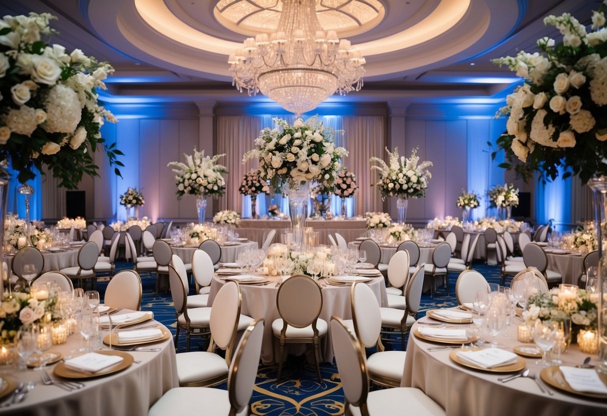 A lavish wedding reception with opulent floral arrangements, elegant table settings, and intricate seasonal decor