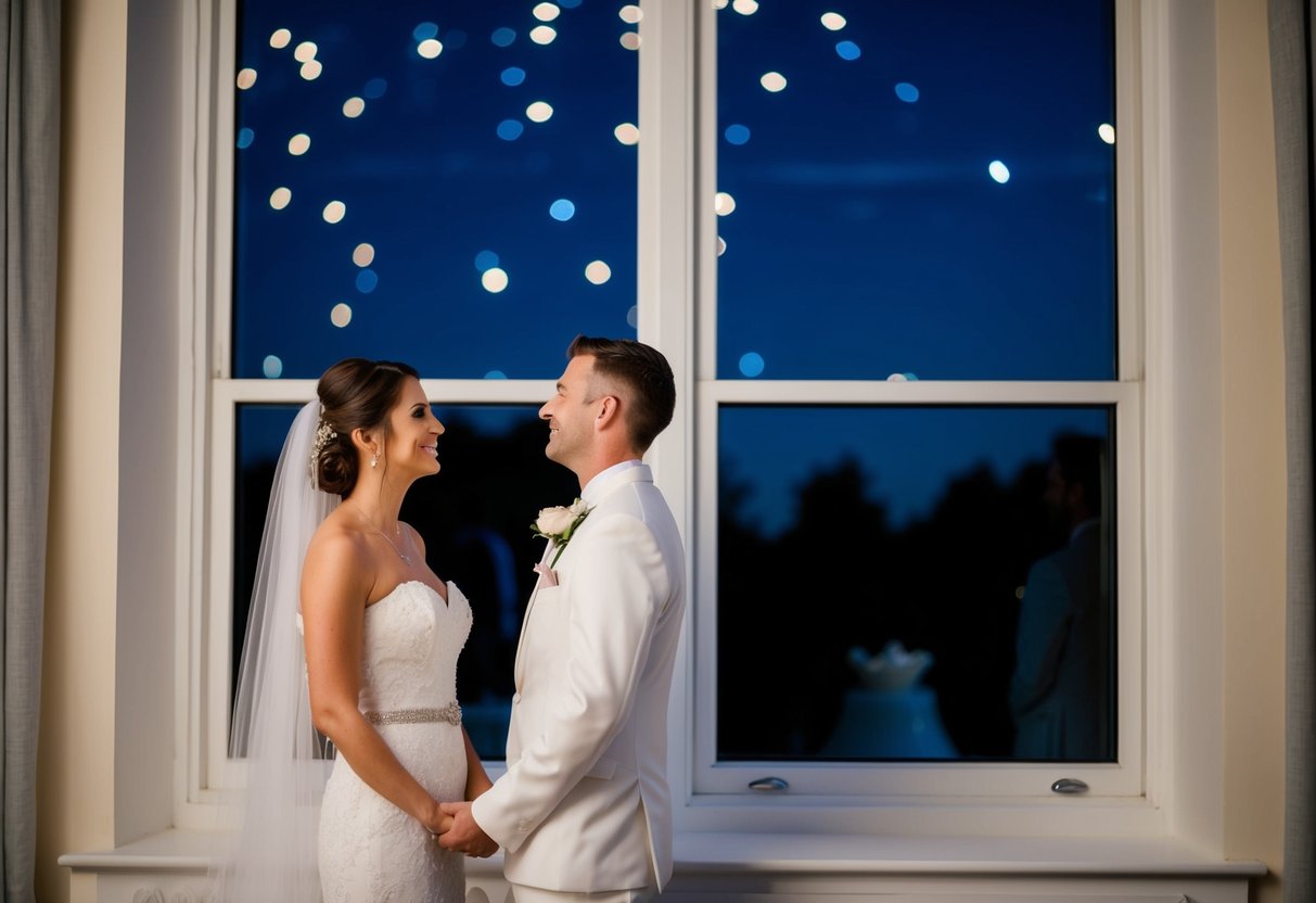 A bride and groom standing side by side, gazing at the stars through a window on the eve of their wedding