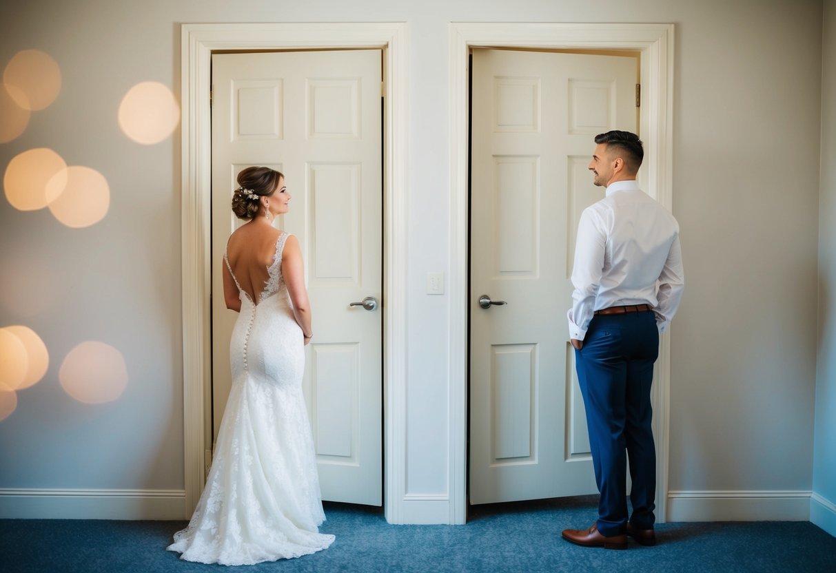 A bride and groom standing on opposite sides of a closed bedroom door, contemplating whether to spend the night together before their wedding