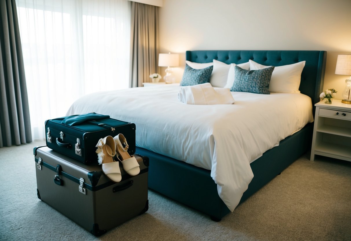 A cozy bedroom with a large, comfortable bed and soft lighting. A suitcase and wedding attire laid out neatly