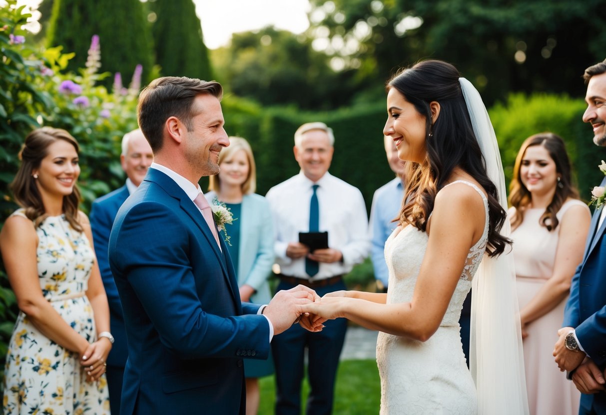 A couple exchanging rings in front of a small group of close friends in a backyard garden