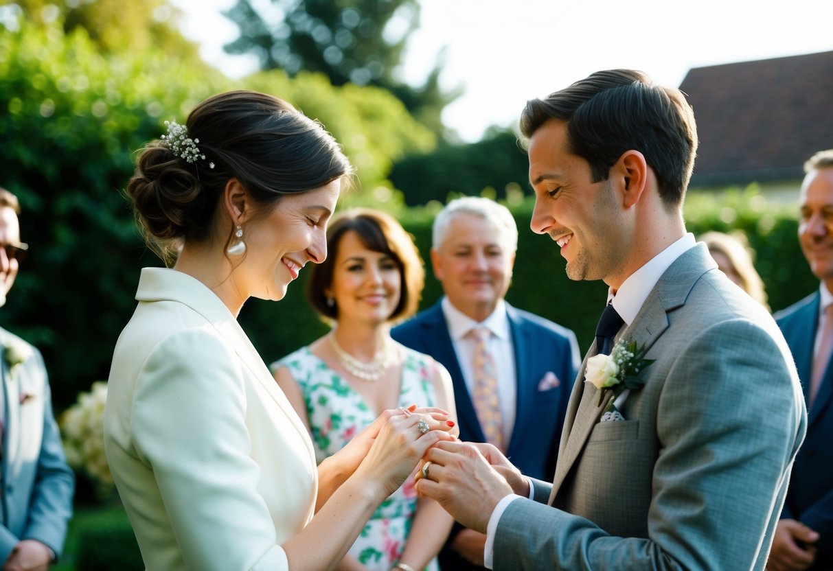 A couple exchanging rings in a private garden, surrounded by close friends and family, without a formal ceremony