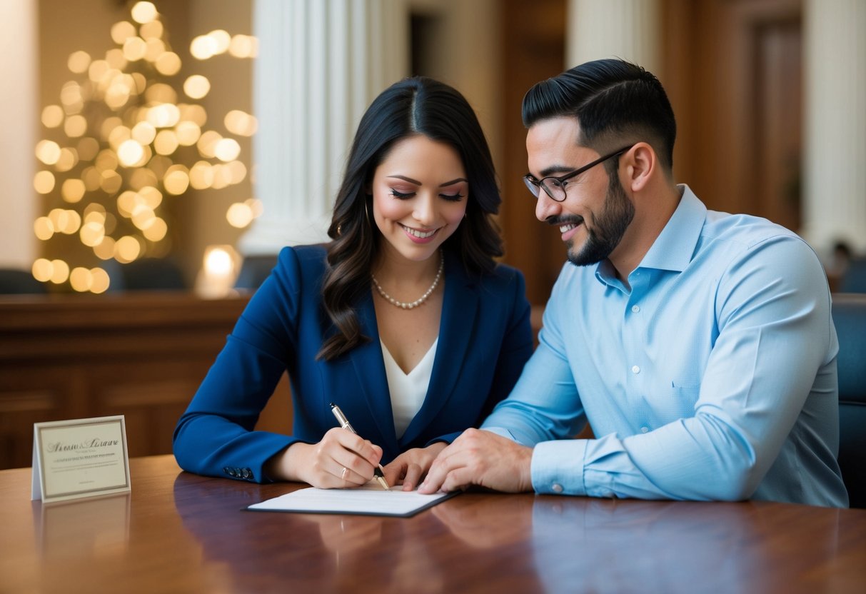 A couple signing a marriage license at a courthouse