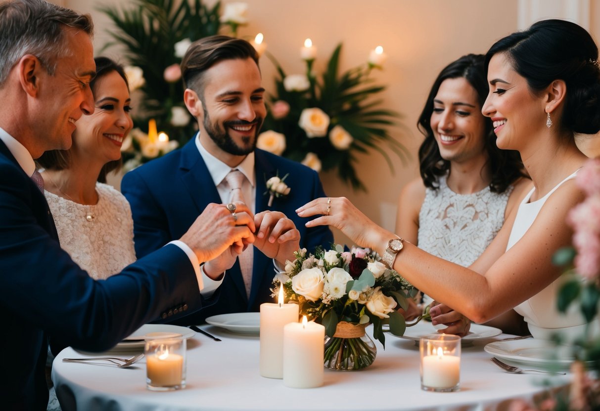 A couple exchanging rings in a small, intimate setting with close family and friends, surrounded by candles and flowers