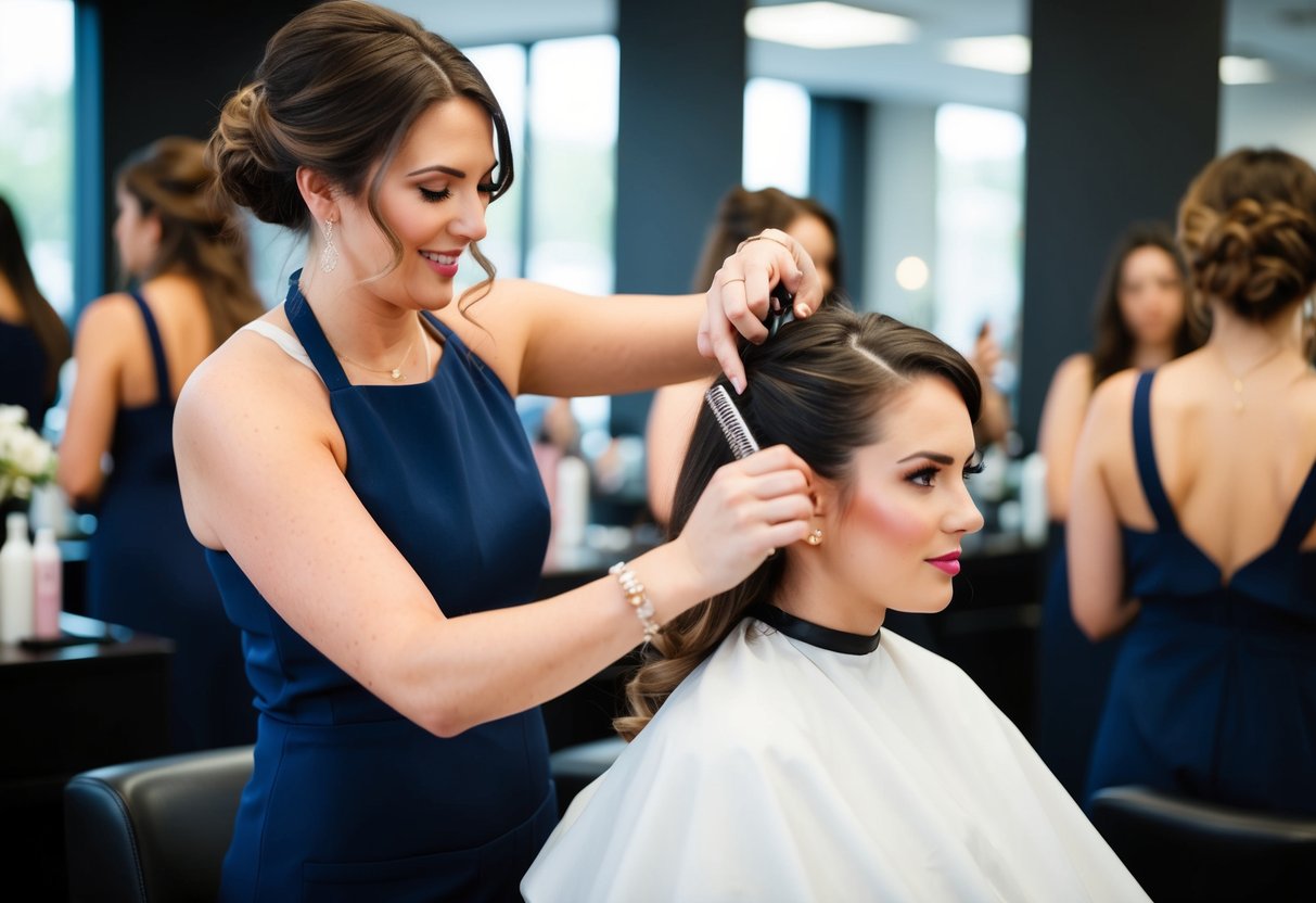 A hairstylist working on a bridesmaid's hair in a salon