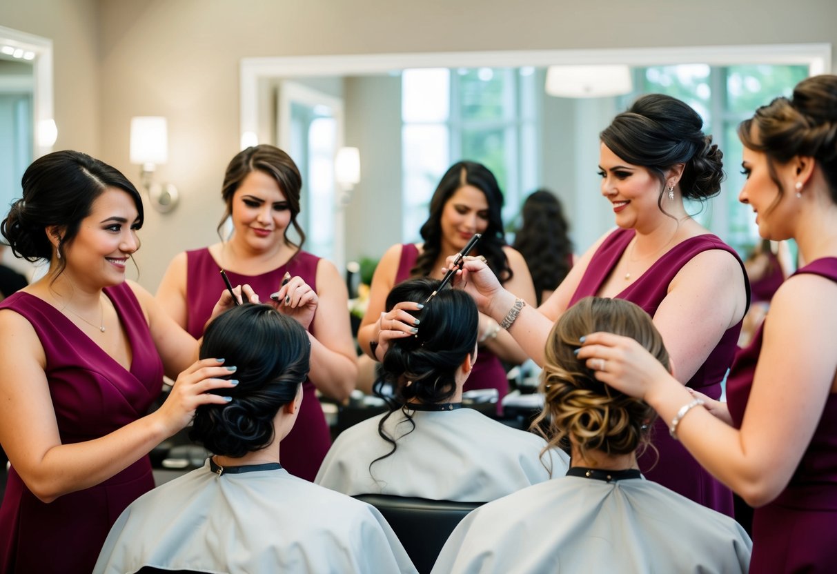 A group of bridesmaids getting their hair styled in a salon on the morning of the wedding day