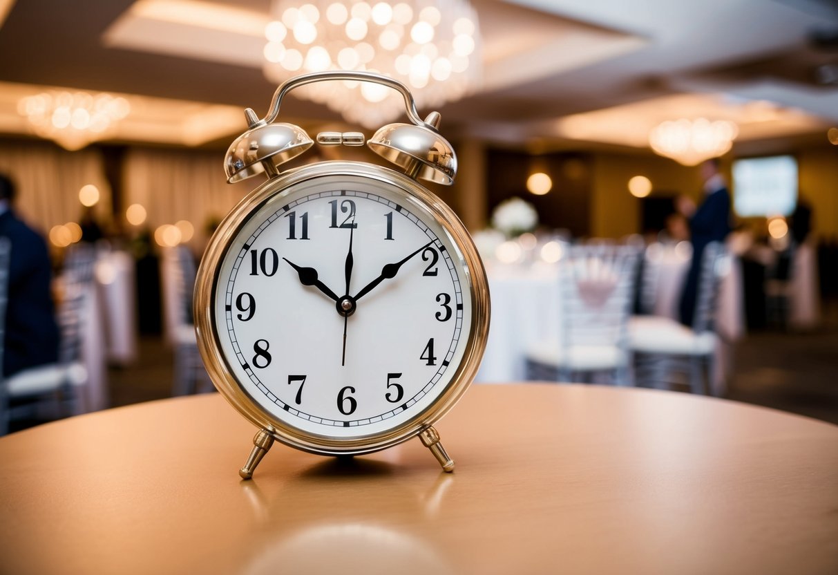 A clock showing 30 minutes passing, with a wedding venue in the background