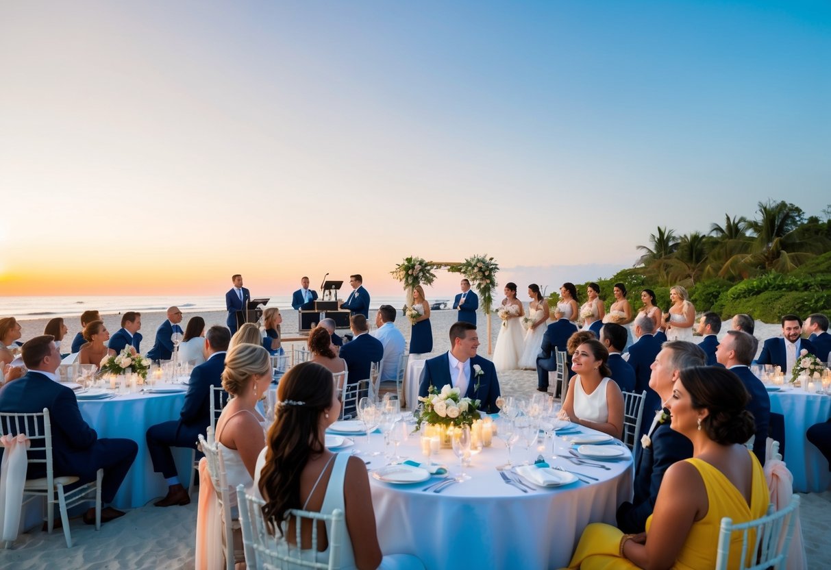A beachside wedding with guests dressed in formal attire, enjoying a sunset ceremony. Tables are set with elegant decor and a live band plays in the background