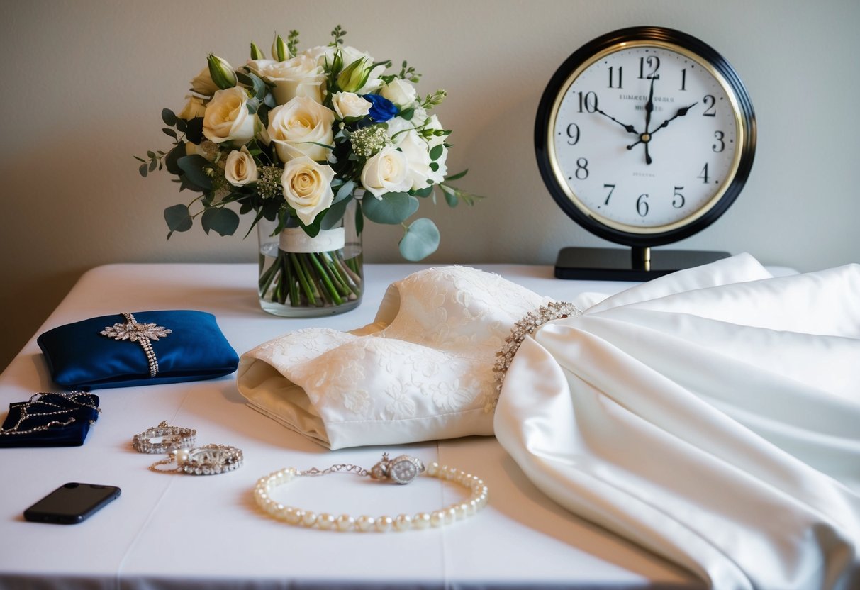 A bride's dress being carefully laid out and her accessories arranged on a table, with a clock showing 30 minutes before the wedding