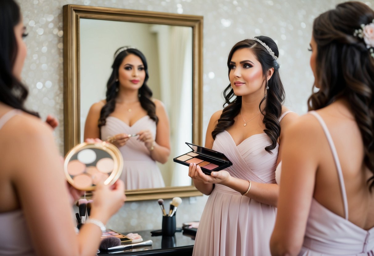 A bridesmaid stands in front of a mirror, holding a brush and makeup palette, pondering between doing her own hair and makeup or hiring a professional