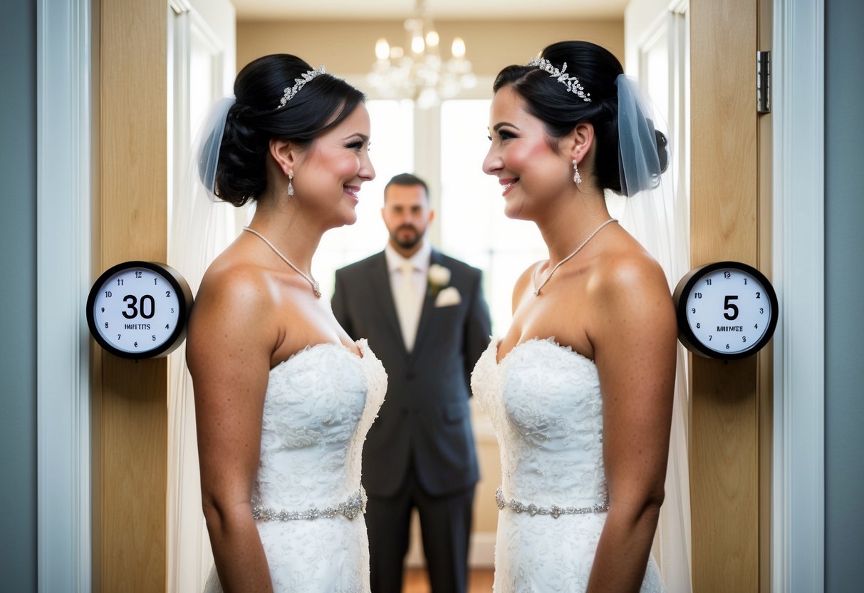 A bride and groom waiting to see each other for the first time, separated by a door, with a countdown clock showing 30 minutes and 5 minutes