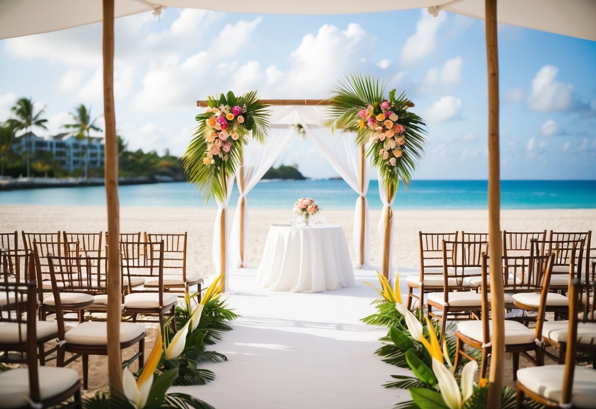 A picturesque beach wedding with tropical flowers and elegant chairs set up under a canopy. A luxury resort in the background offers accommodation for guests