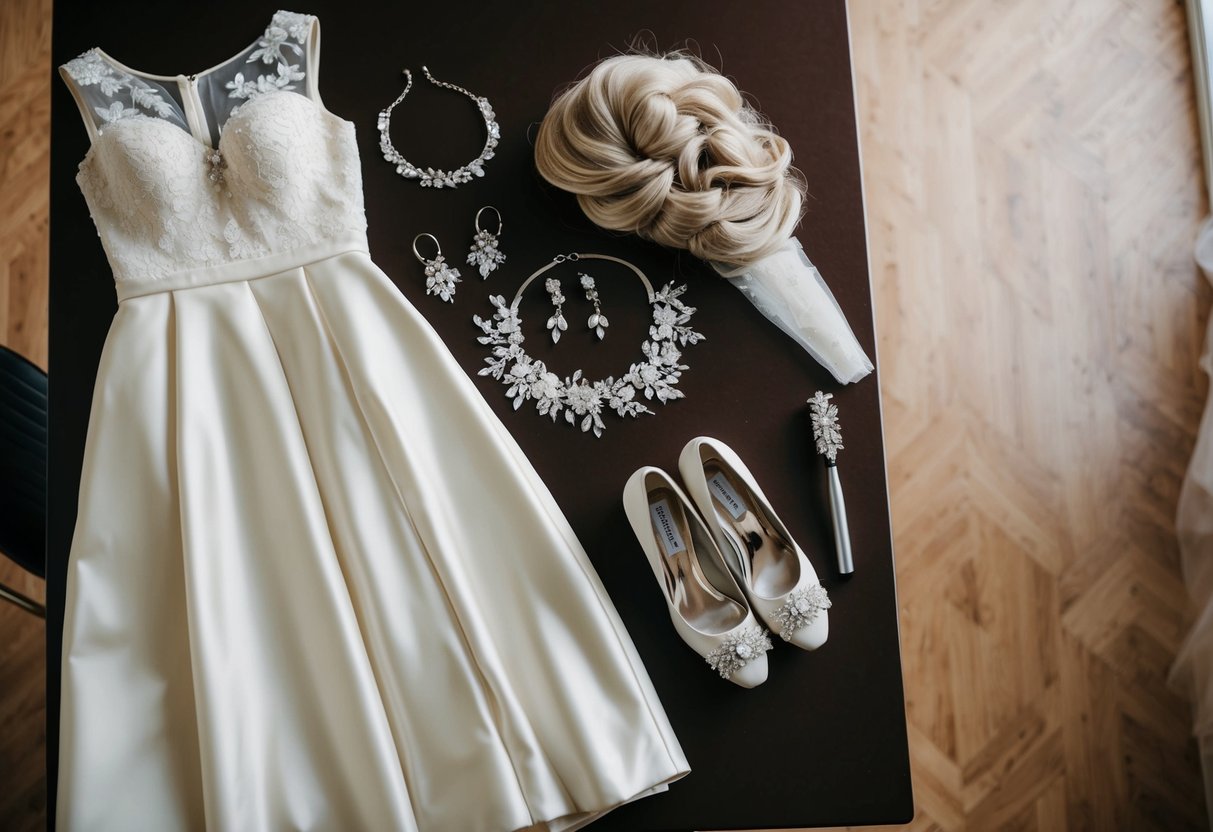 A bridesmaid's dress and accessories laid out on a table, including jewelry, shoes, and a hairpiece, with a hairstyling tool nearby
