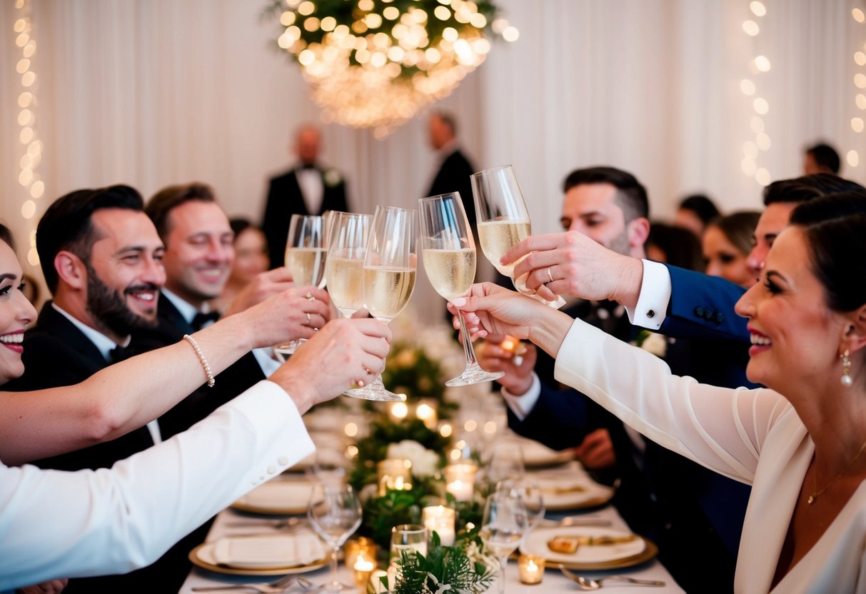 Guests raising their glasses in a joyful toast, surrounded by elegant decor and twinkling lights