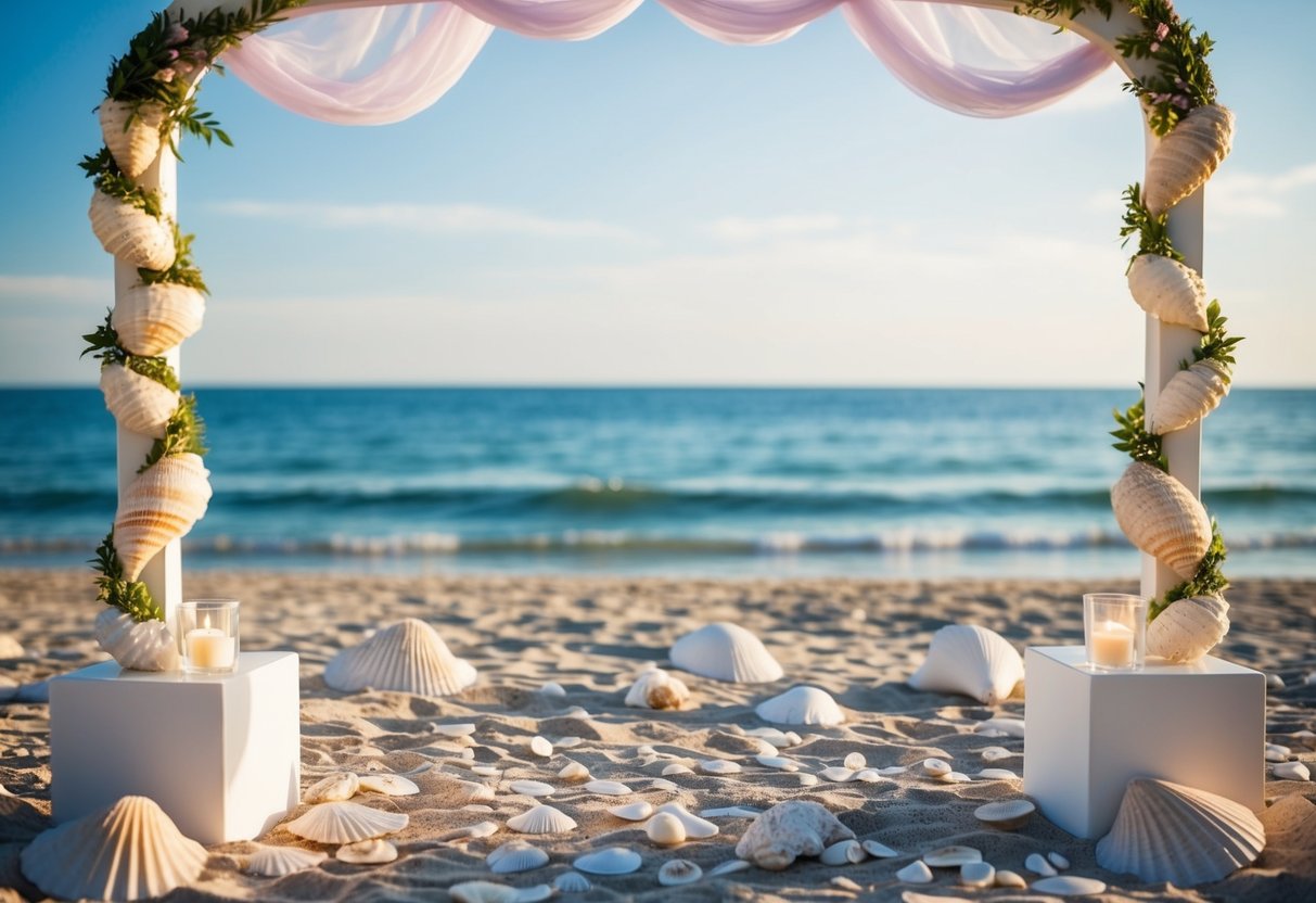 A serene beach setting with scattered seashells and a decorated archway overlooking the ocean
