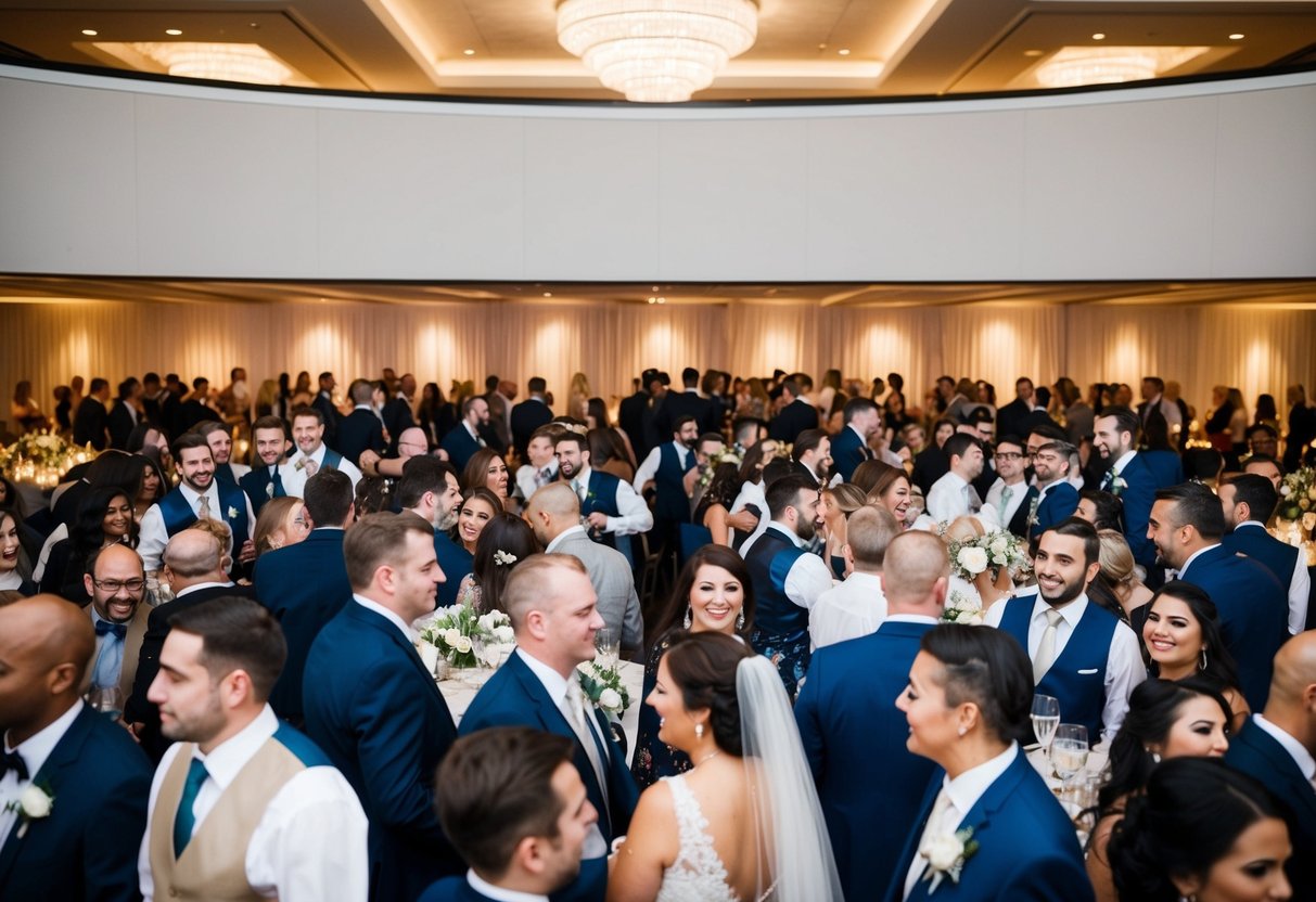 A crowded wedding reception with two distinct groups of guests, one larger and more central, the other smaller and more peripheral