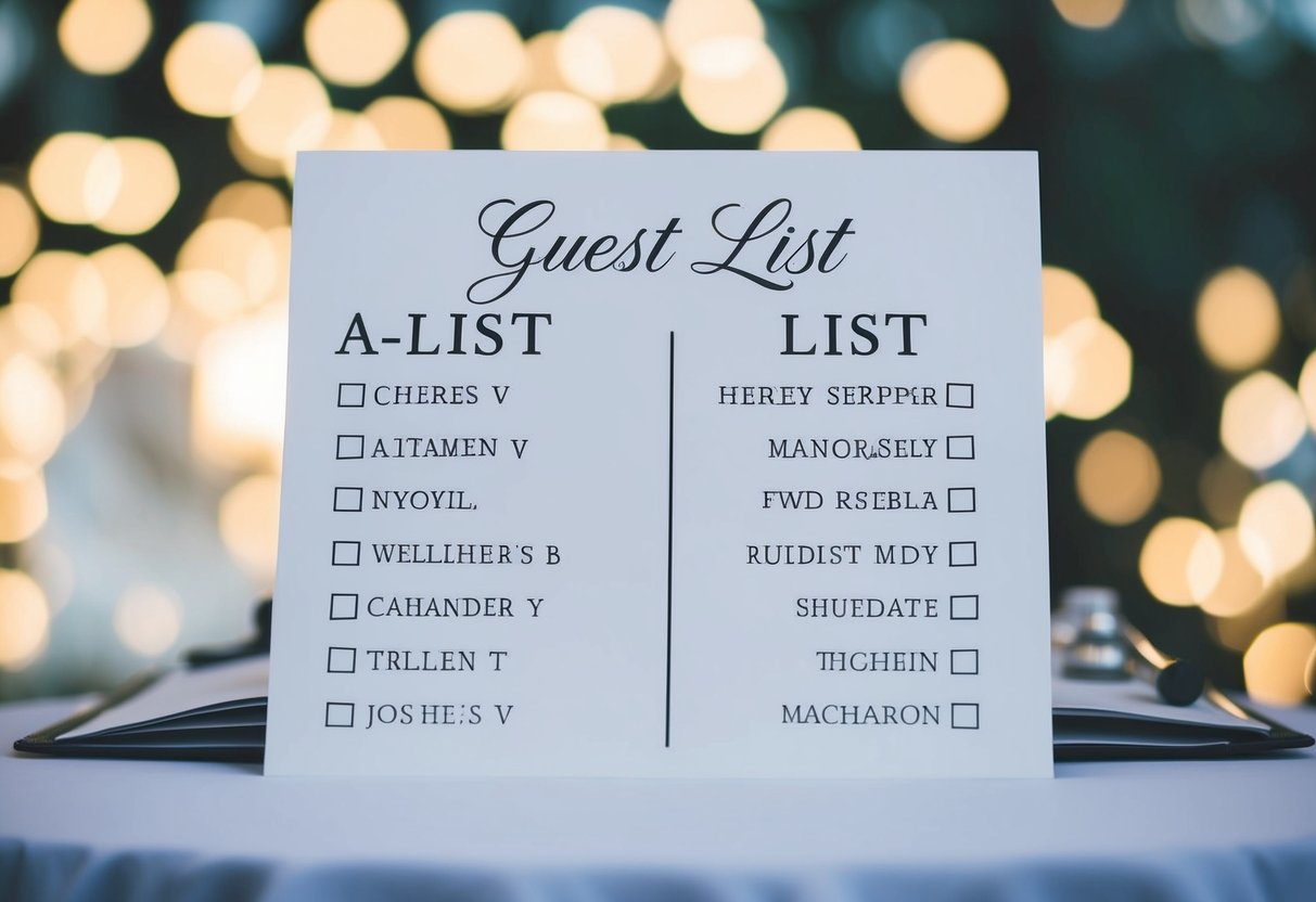A wedding guest list split into two sections, with A-list names highlighted and B-list names in smaller font