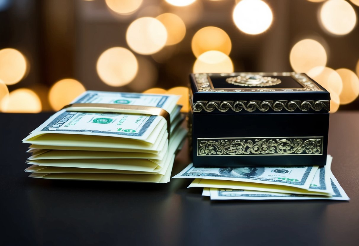 A stack of cash envelopes and a decorative box with money inside