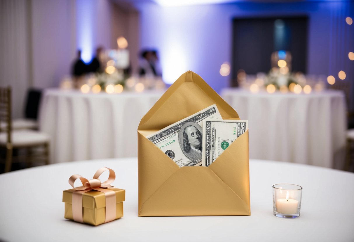 A beautifully wrapped envelope with cash inside is placed on a gift table at a modern wedding reception