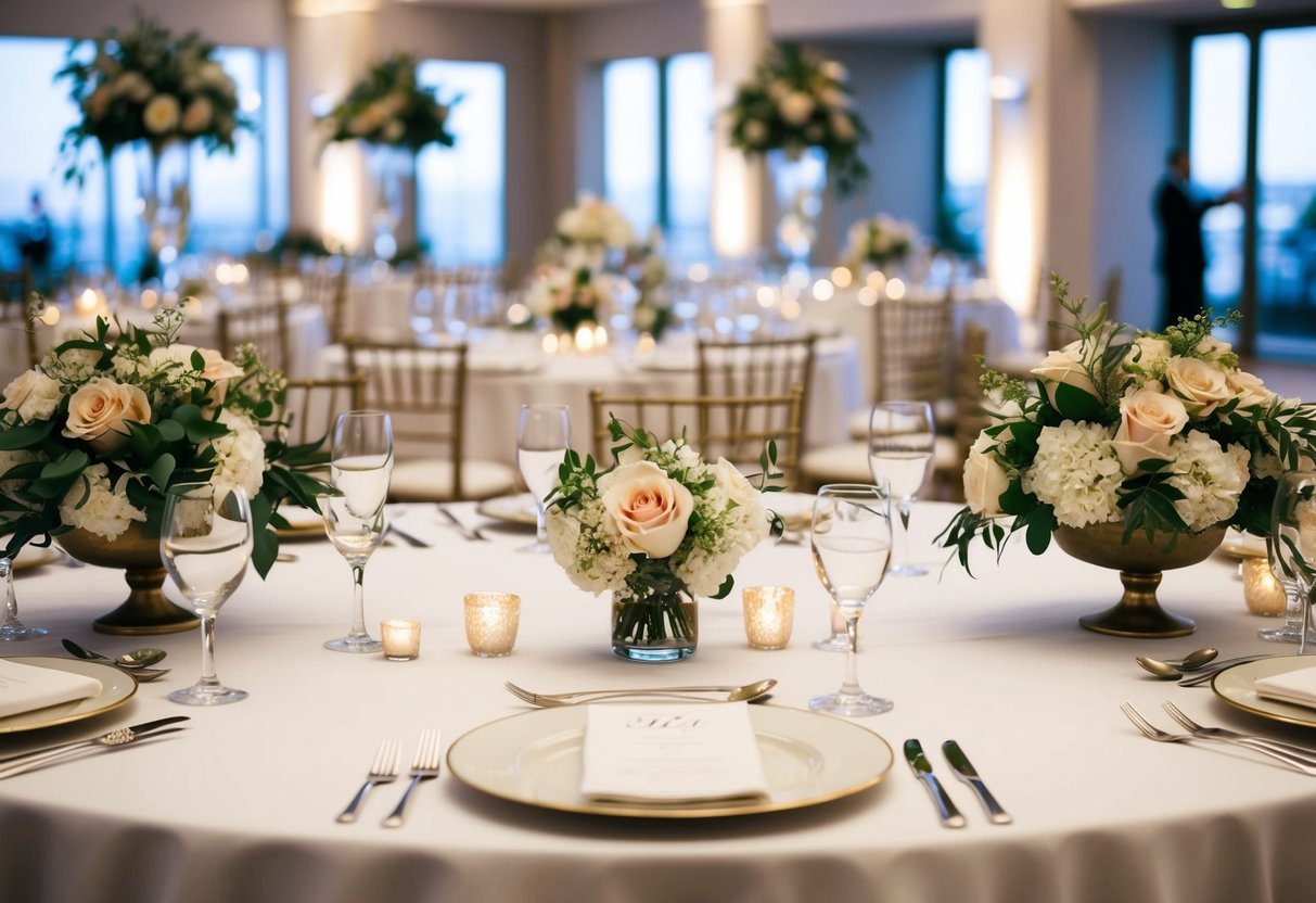 An empty wedding reception table with only a few place settings, surrounded by lush floral centerpieces and elegant decor