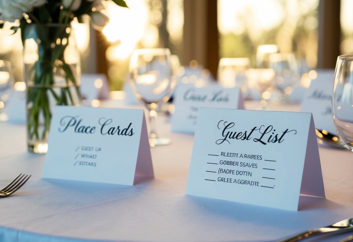 A table with place cards and a guest list, some names crossed out