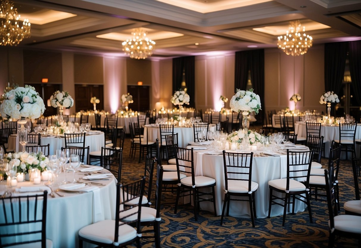 A beautifully decorated wedding reception with tables set for a large number of guests, adorned with elegant centerpieces and soft lighting