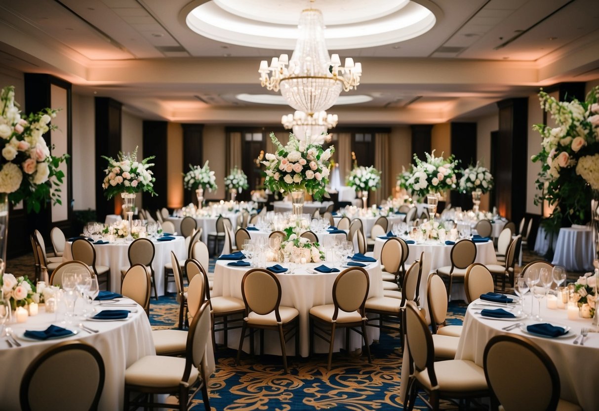 A beautifully decorated wedding reception with tables set for a large number of guests, surrounded by flowers and elegant decor