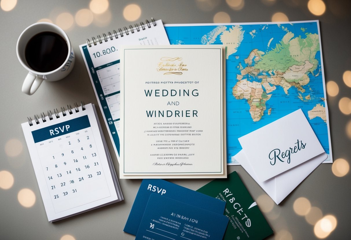 A wedding invitation surrounded by a calendar, travel maps, and a pile of RSVP cards with some marked "regrets."