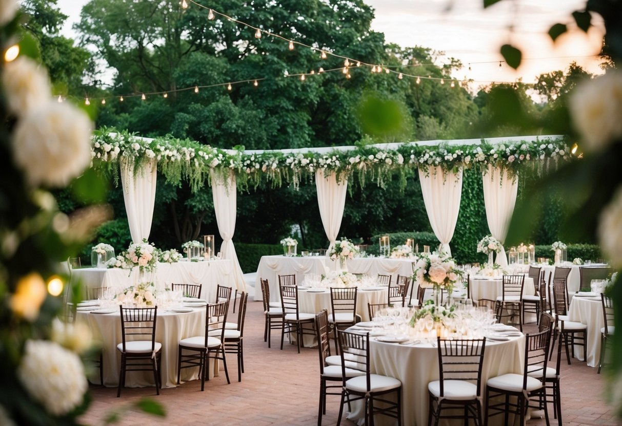 A wedding venue with tables set for a reception, surrounded by lush greenery and elegant decor, with a serene and romantic atmosphere