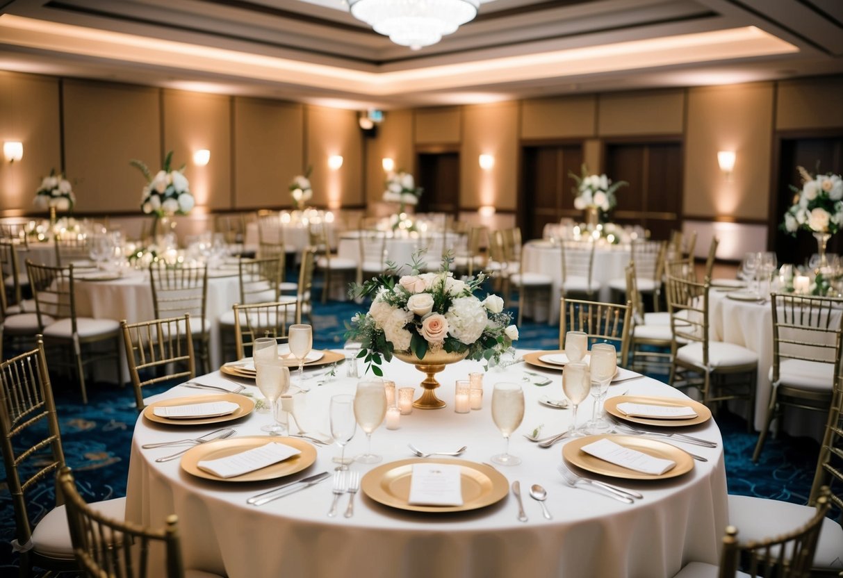 A beautifully decorated banquet hall with tables set for a wedding reception, complete with elegant place settings and floral centerpieces