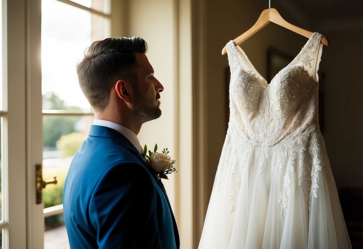 The groom gazes upon the bride's dress hanging in a sunlit room