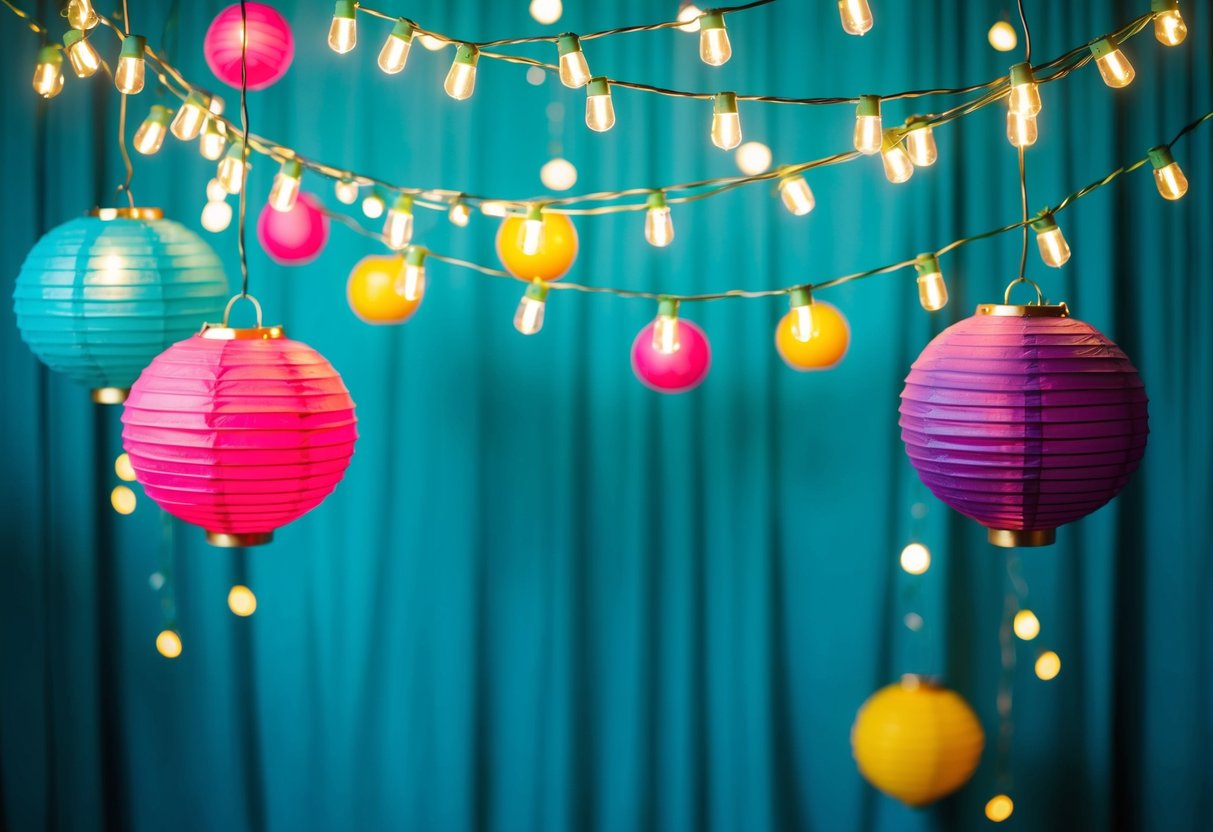 A vibrant teal backdrop with cascading fairy lights and colorful paper lanterns