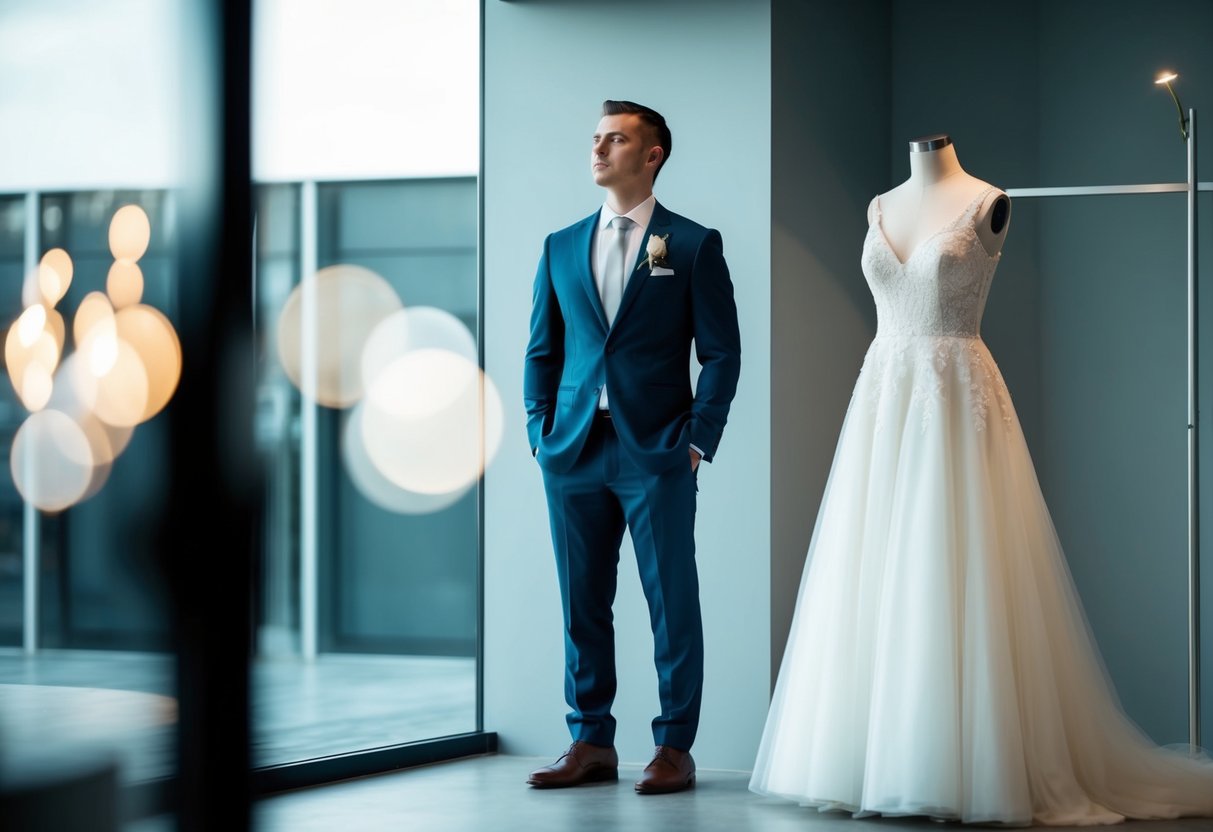 A groom stands in anticipation, gazing at the bride's dress displayed on a mannequin in a modern, minimalist setting