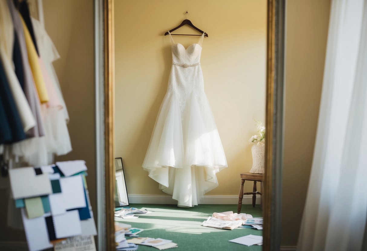 The bride's dress hangs in the center of a sunlit room, surrounded by scattered fabric swatches and sketches. A mirror reflects the dress, adding a sense of anticipation to the scene