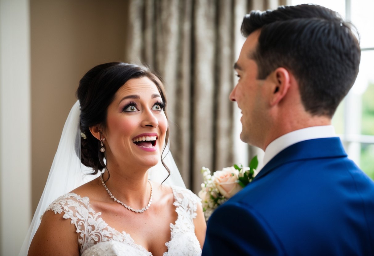The groom's wide-eyed awe as he sees the bride's dress for the first time