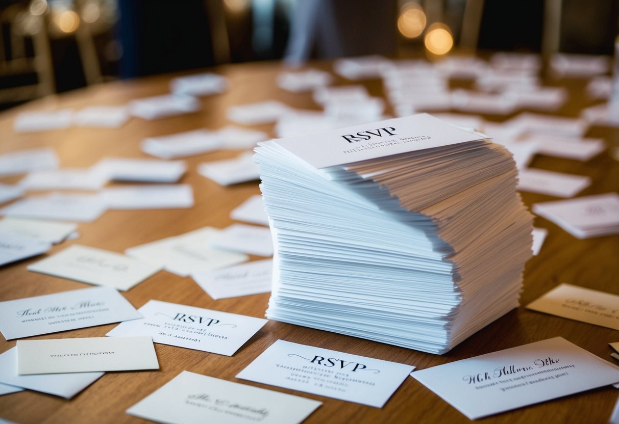 A stack of wedding RSVP cards with various responses scattered on a table