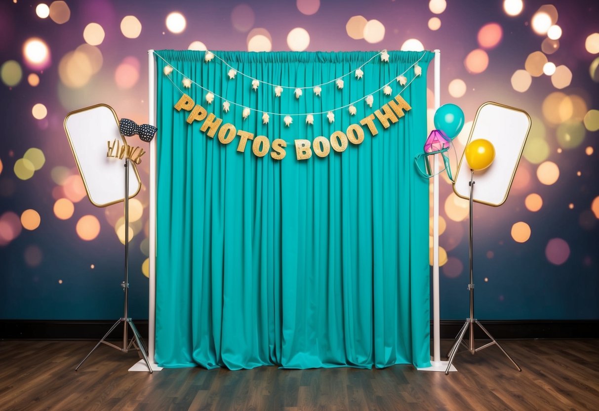 A photo booth with a vibrant teal backdrop, adorned with twinkle lights and fun props