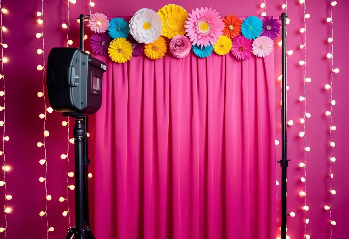 A photo booth with a vibrant pink backdrop, adorned with twinkling fairy lights and colorful paper flowers for a festive and celebratory atmosphere