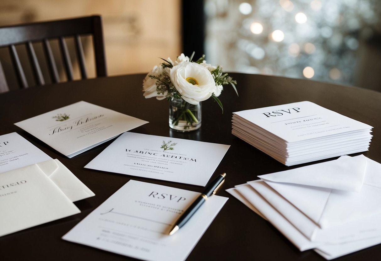 A table with various wedding invitations and RSVP cards, along with a pen and a stack of envelopes