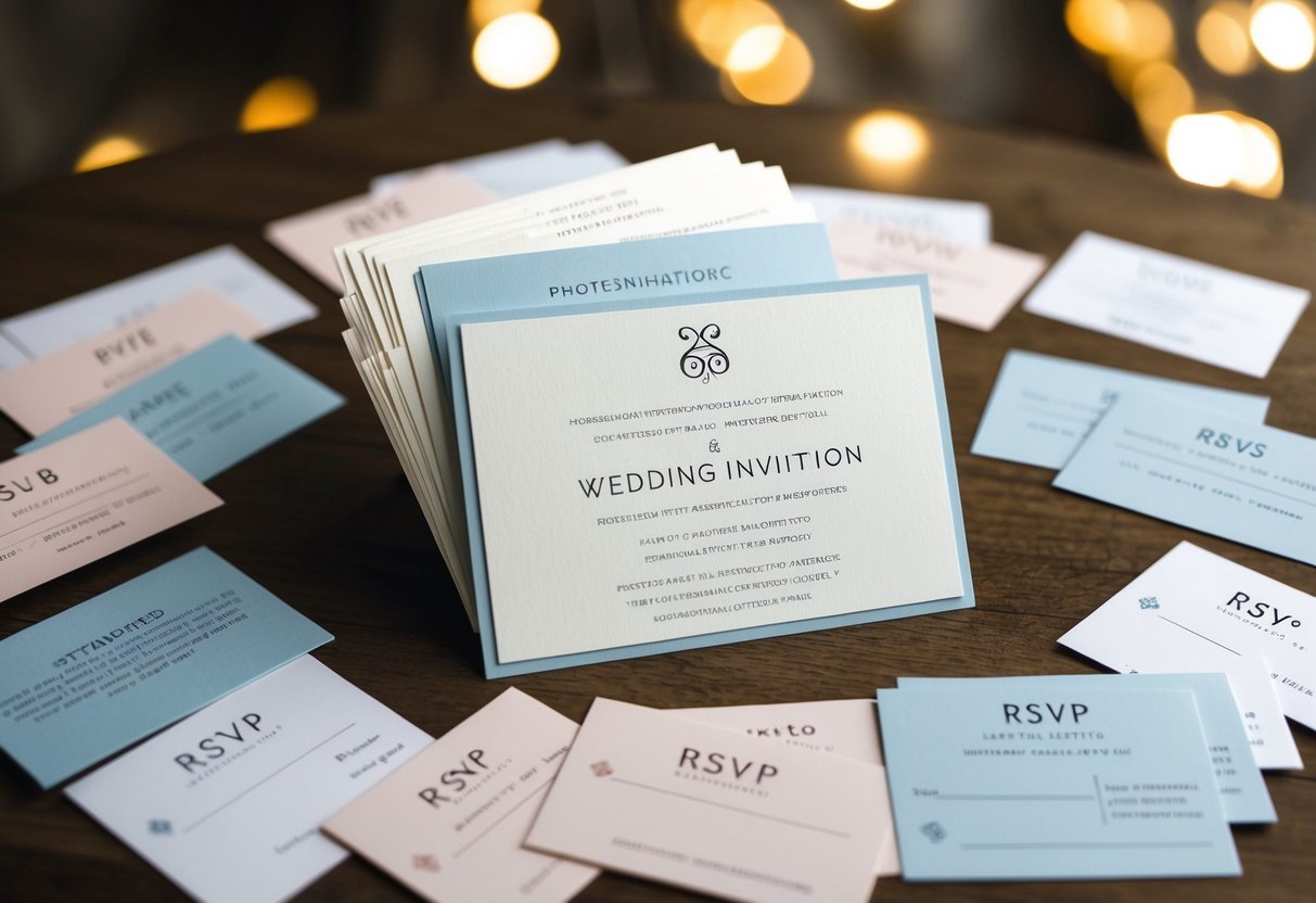 A wedding invitation surrounded by a pile of RSVP cards, some filled out and returned, while others remain untouched