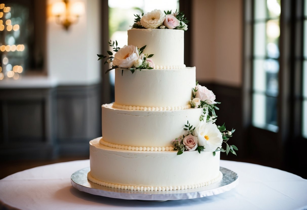 A three-tiered wedding cake stands on a table, adorned with intricate floral decorations and delicate frosting details