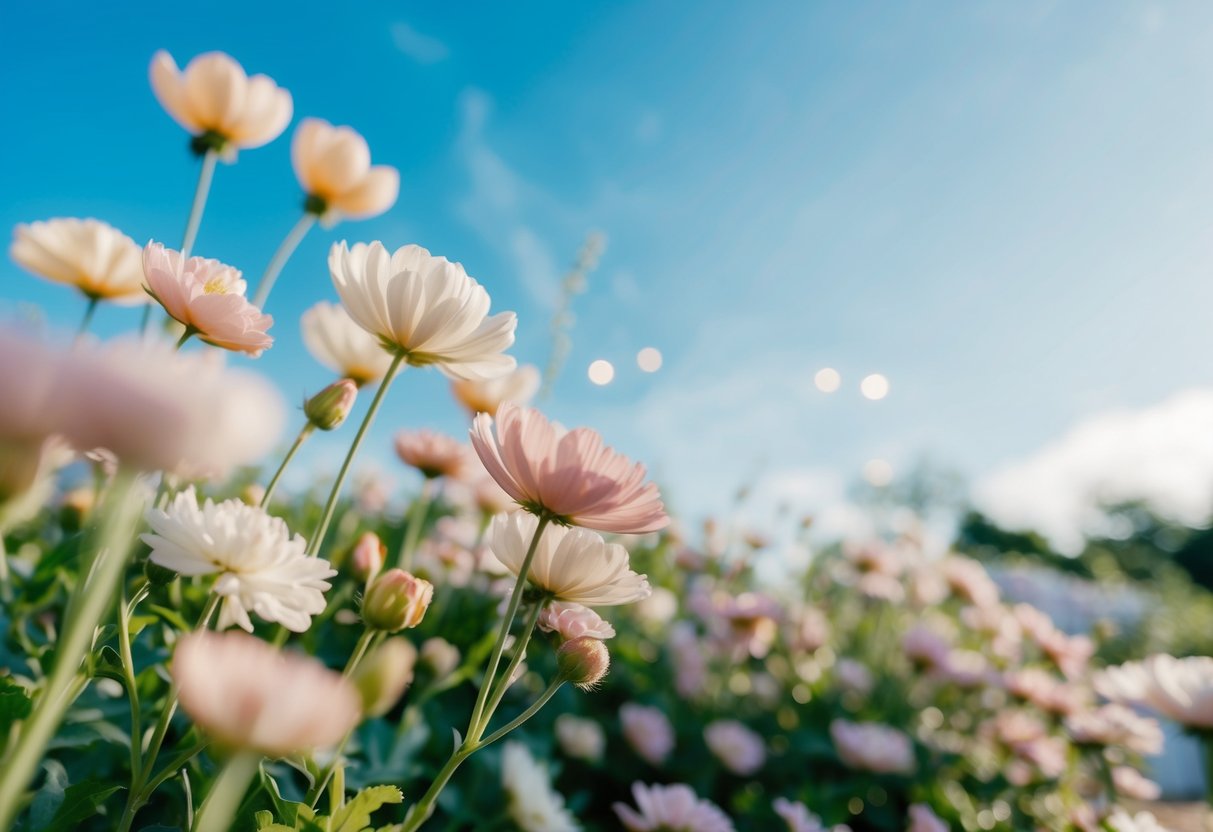 A serene garden setting with soft pastel flowers and a clear blue sky, accented with touches of gold and blush pink