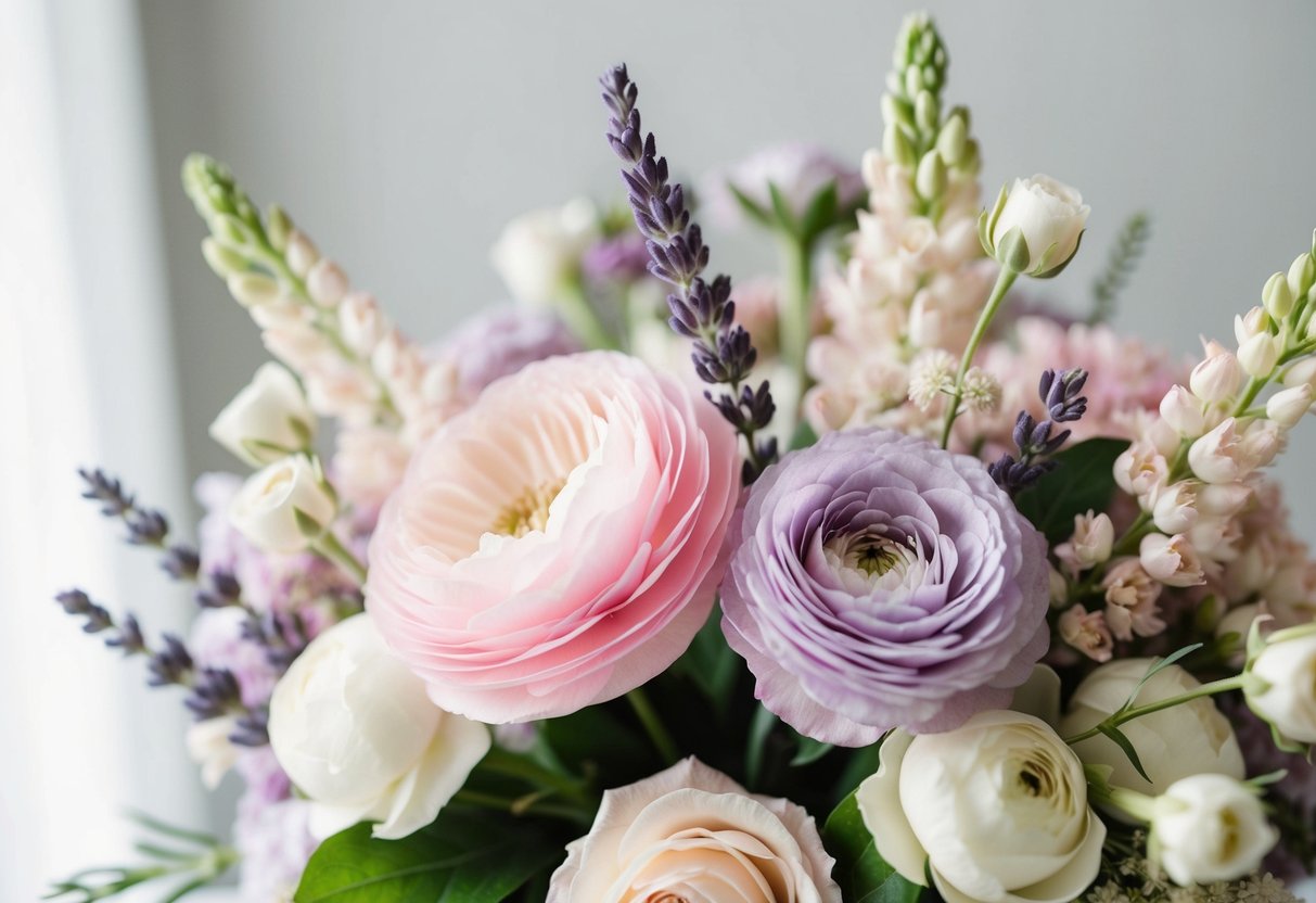 A soft, romantic scene with pastel pink, lavender, and ivory flowers arranged in a delicate bouquet. The colors create a harmonious and elegant atmosphere for a wedding